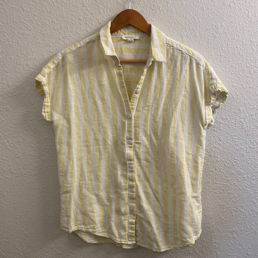 Yellow Stripe Button Front Linen Blend Top Rolled Sleeve Coastal Casual Resort M - Picture 1 of 11